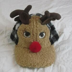 Holiday Time Reindeer Plush Hat Adjustable Tan/Black & White Plaid